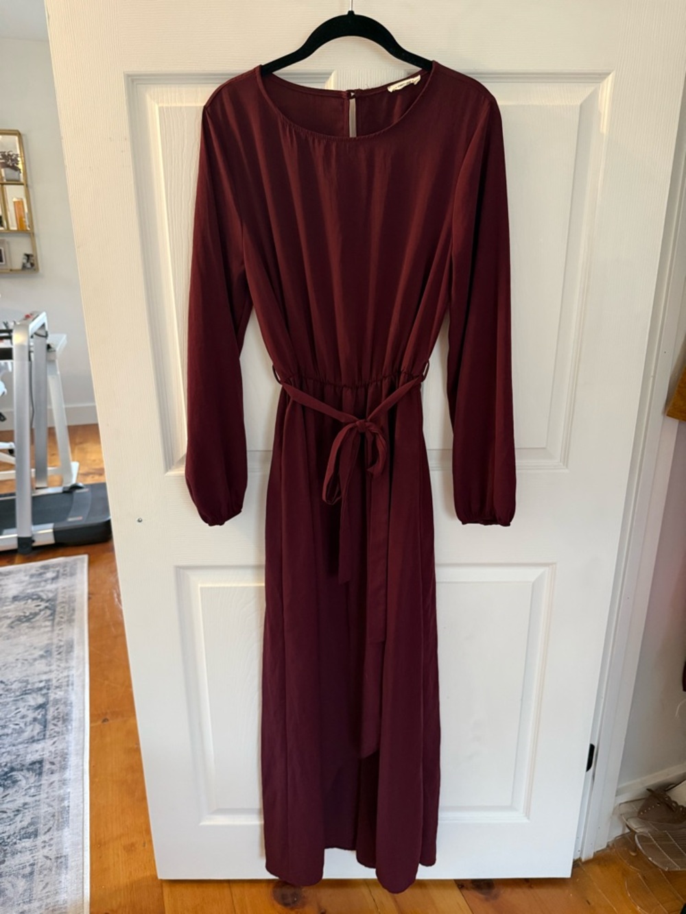 First Love Burgundy Long-Sleeve Tie-Waist Maxi Dress